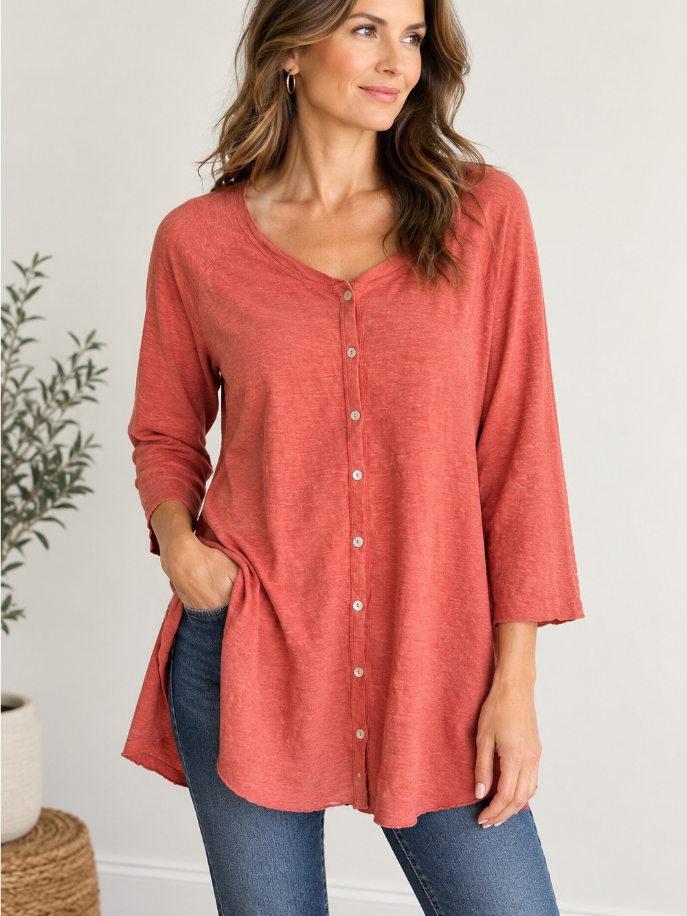 CUT LOOSE Terracotta Linen Cotton Button Front Cardigan Tunic Top 1X Made in USA